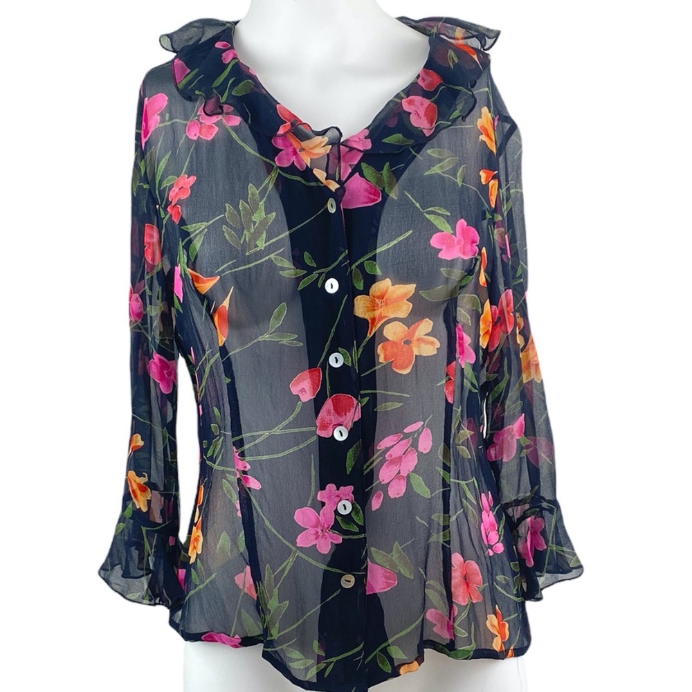 Black Sheer Floral Button-Front Blouse with Ruffle Collar